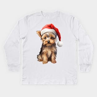 Yorkshire Terrier Dog in Santa Hat Kids Long Sleeve T-Shirt